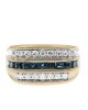 Gentlemen's Alternating 3 Row Diamond and Blue Sapphire Ring in White and Yellow Gold